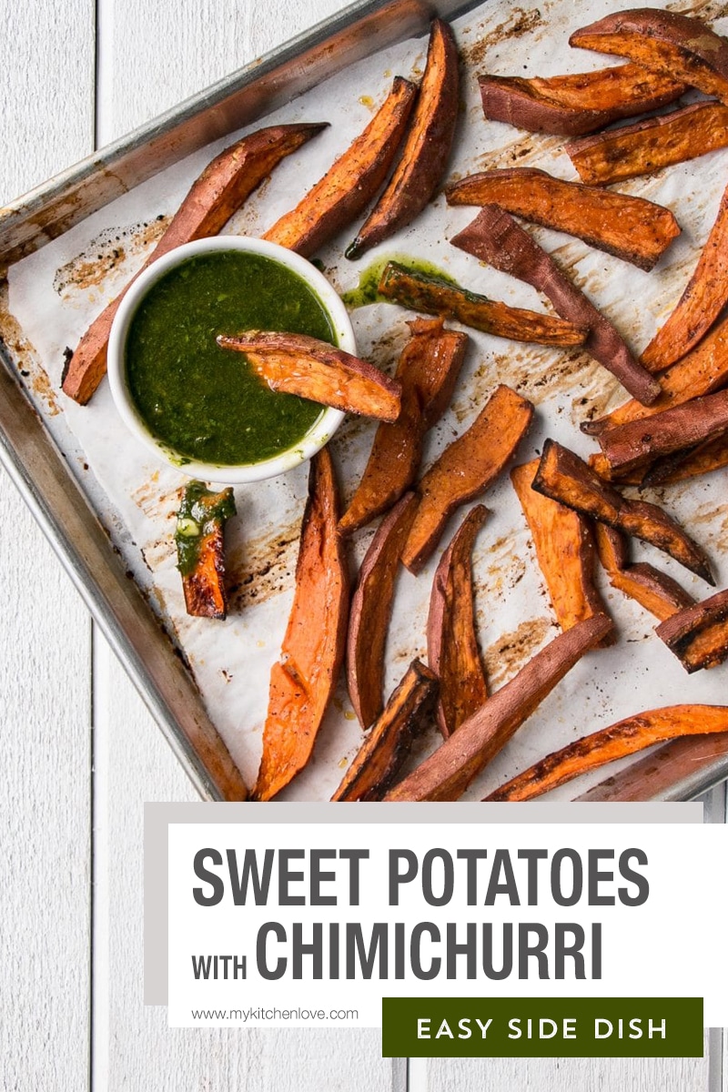 Roasted Sweet Potatoes recipe with Chimichurri is a vibrant and delicious side dish! Healthy baked sweet potato fries and herb packed dip. via @mykitchenlove