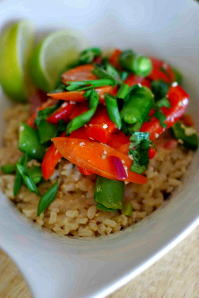 Cilantro Lime Vegetables with Rice in a white bowl. 