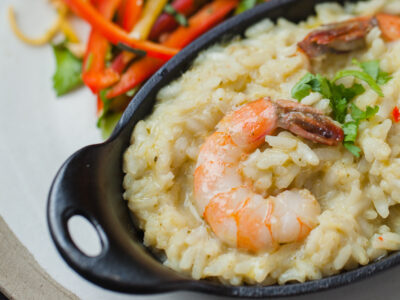 Thai Risotto is a flavourful risotto with a green curry base and bright prawns. paired with a lovely bell pepper salad. #rice #risotto #thaifood