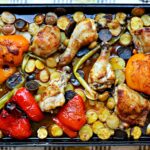 Harissa Chicken, Potatoes and Veg on a sheet pan