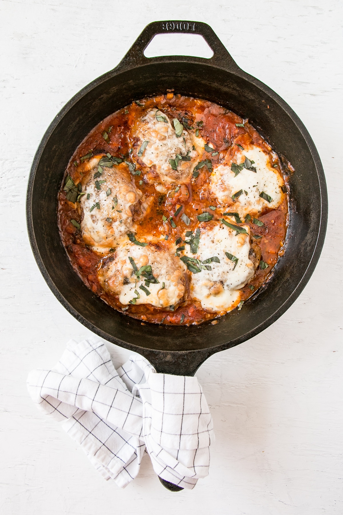 Pizza Chicken in a cast iron skillet