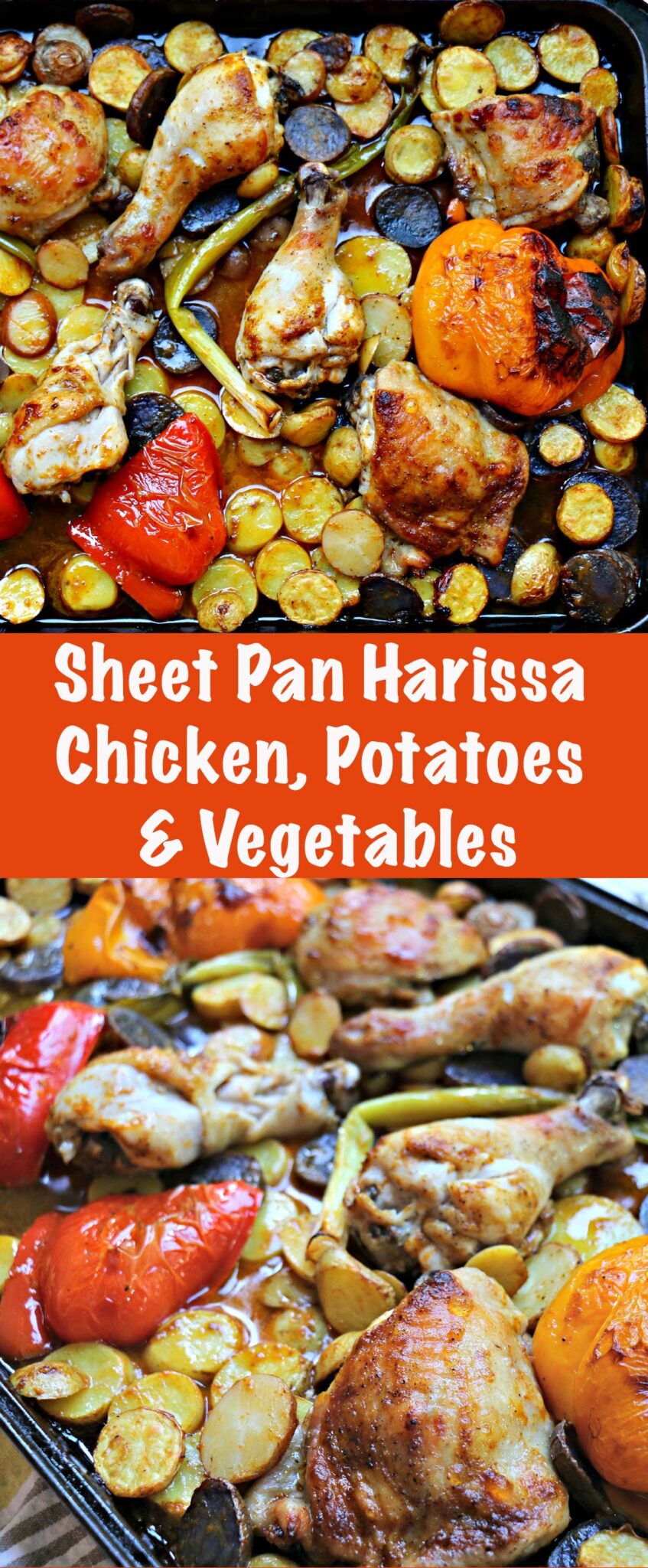 long collage of Harissa Chicken, Potatoes and Veg
