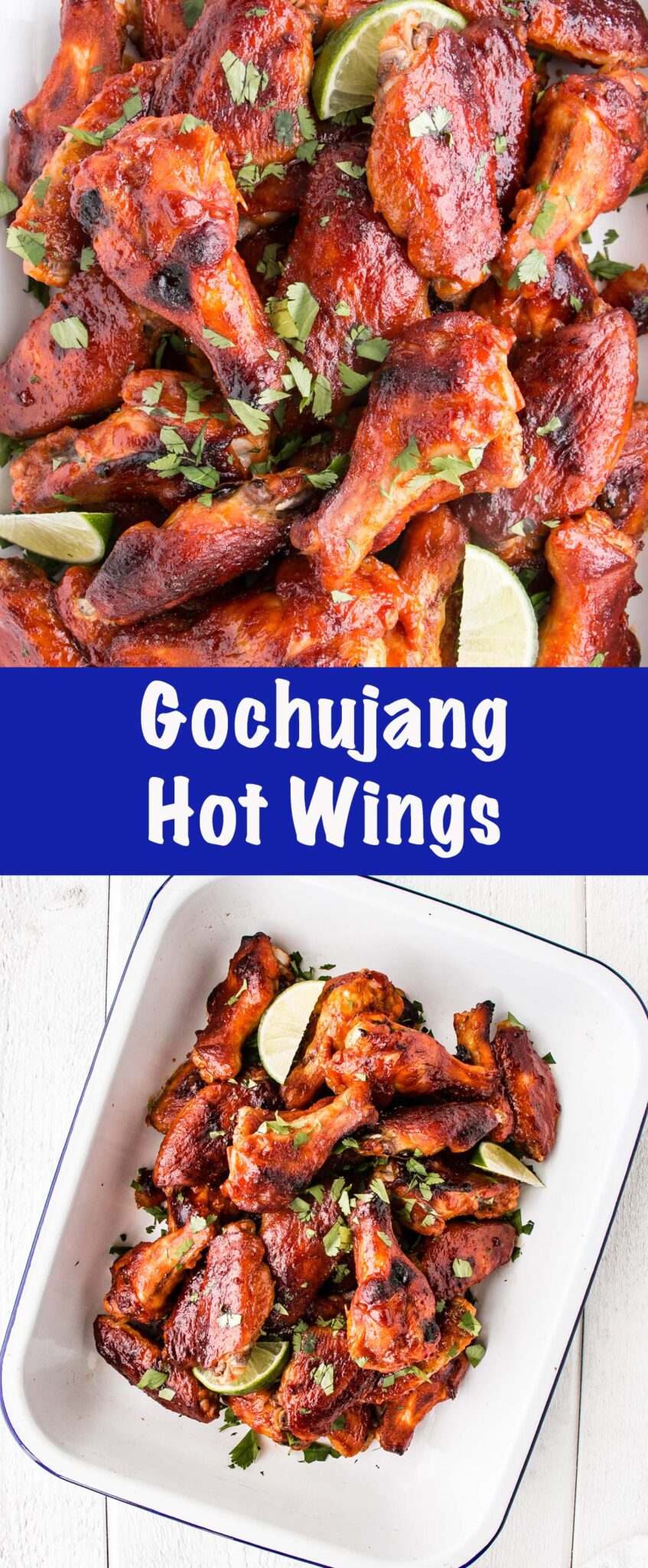 gochujang hot wings in a white serving tray - long collage