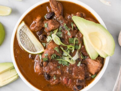 Chipotle Turkey Chili up close with avocado and lime slices