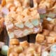 Peanut Butter Marshmallow Confetti Bars with rainbow mini marshmallows.