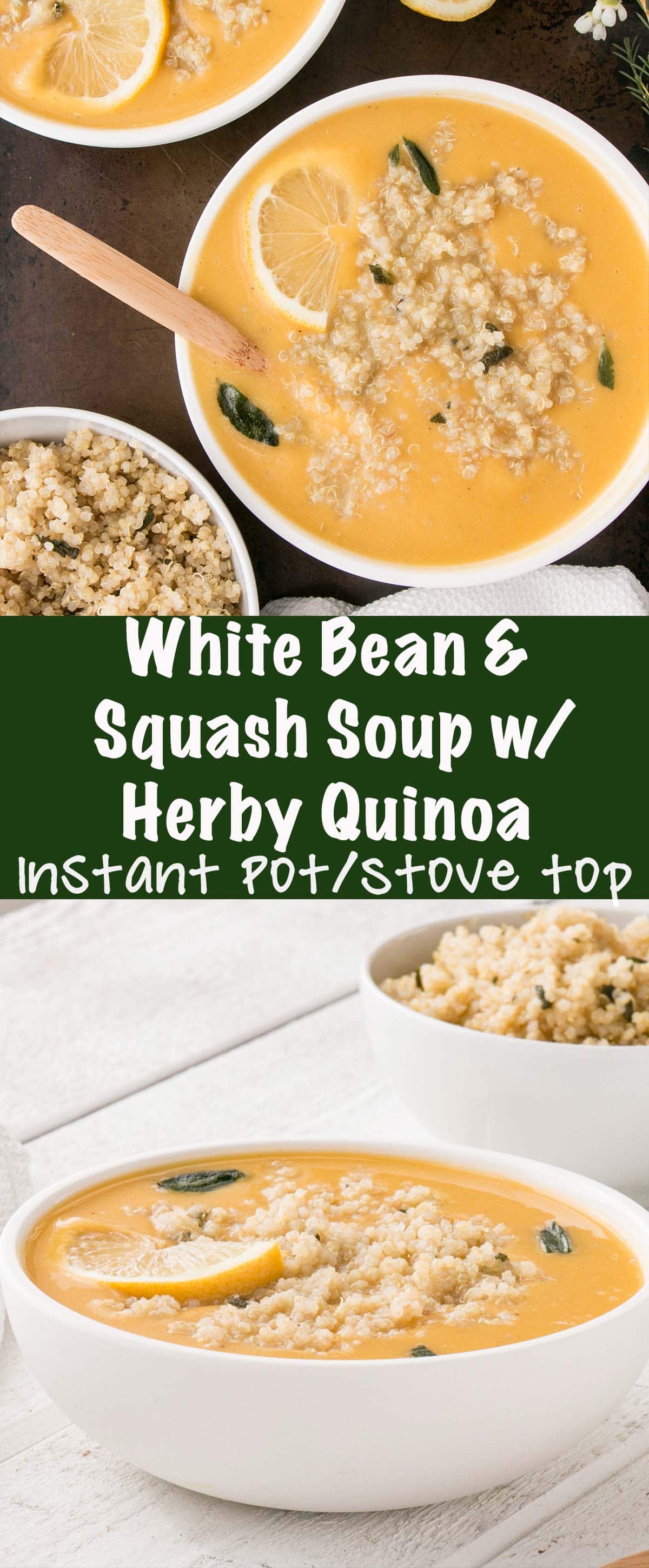 White Bean and Squash Soup with Herby Quinoa is a silky smooth soup with flavourful and satisfying herby quinoa. Make on the stove or in the Instant Pot! #instantpot #soup #vegan #comfortfood