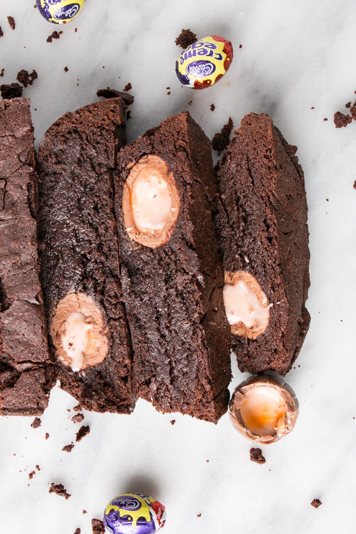 cut thick slices of Creme Egg Brownies