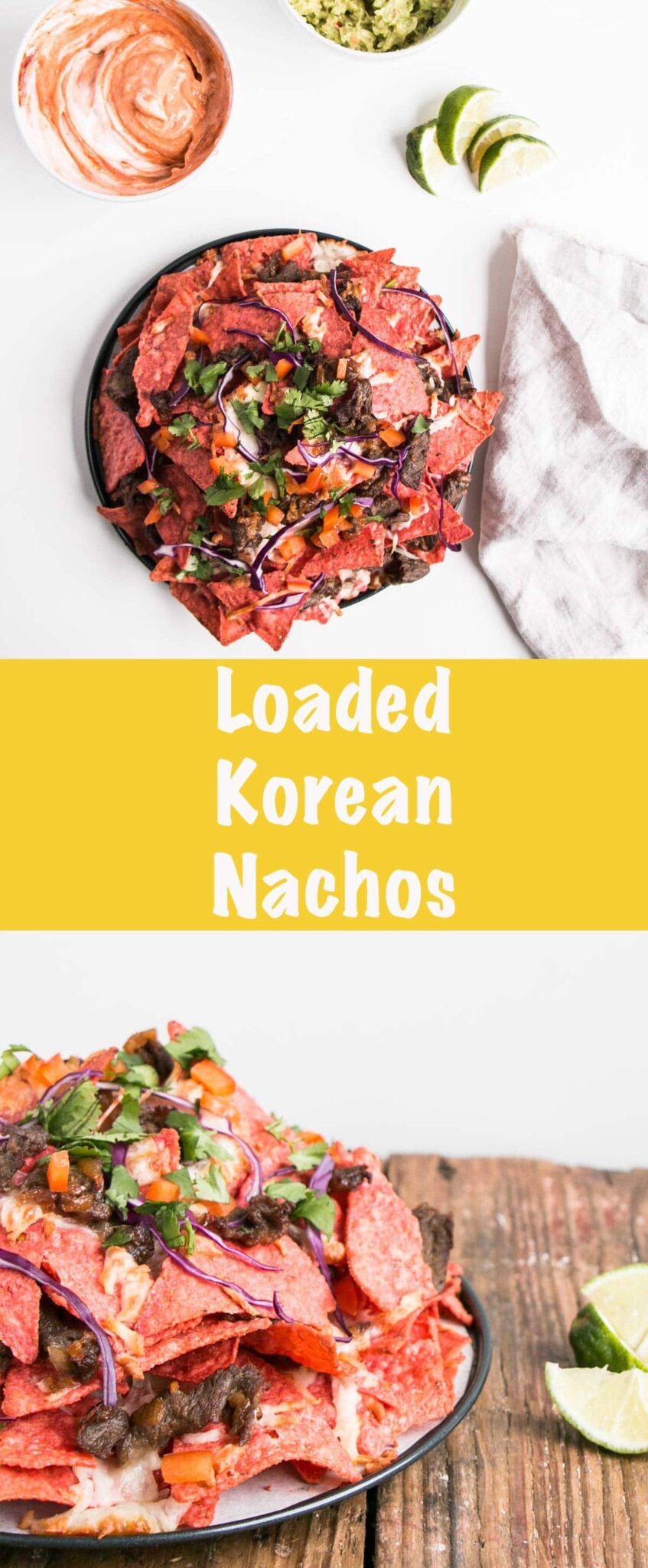 Fully Loaded Korean Nachos with bulgogi, kim-chi guacamole, and gochuang sour cream! #gameday #korean #nachos 