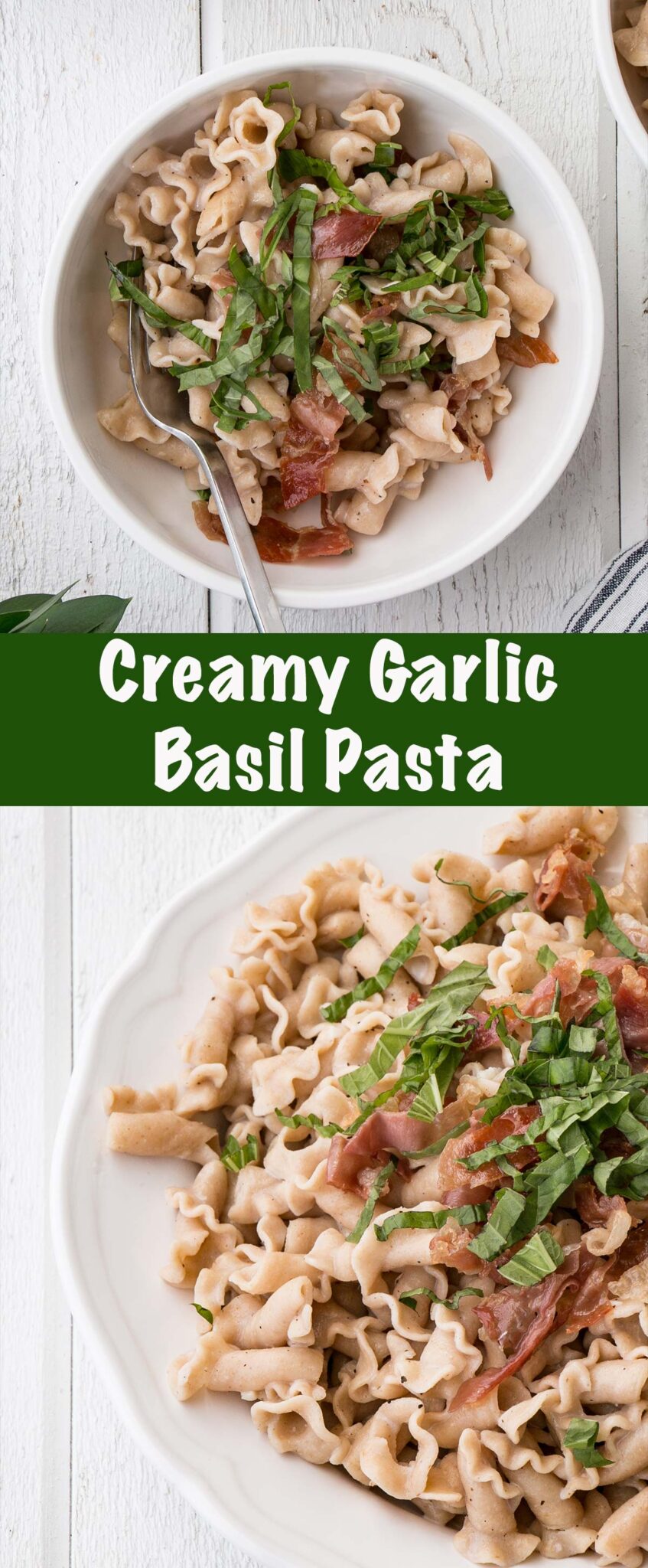 Long collage of Creamy Garlic Basil Pasta