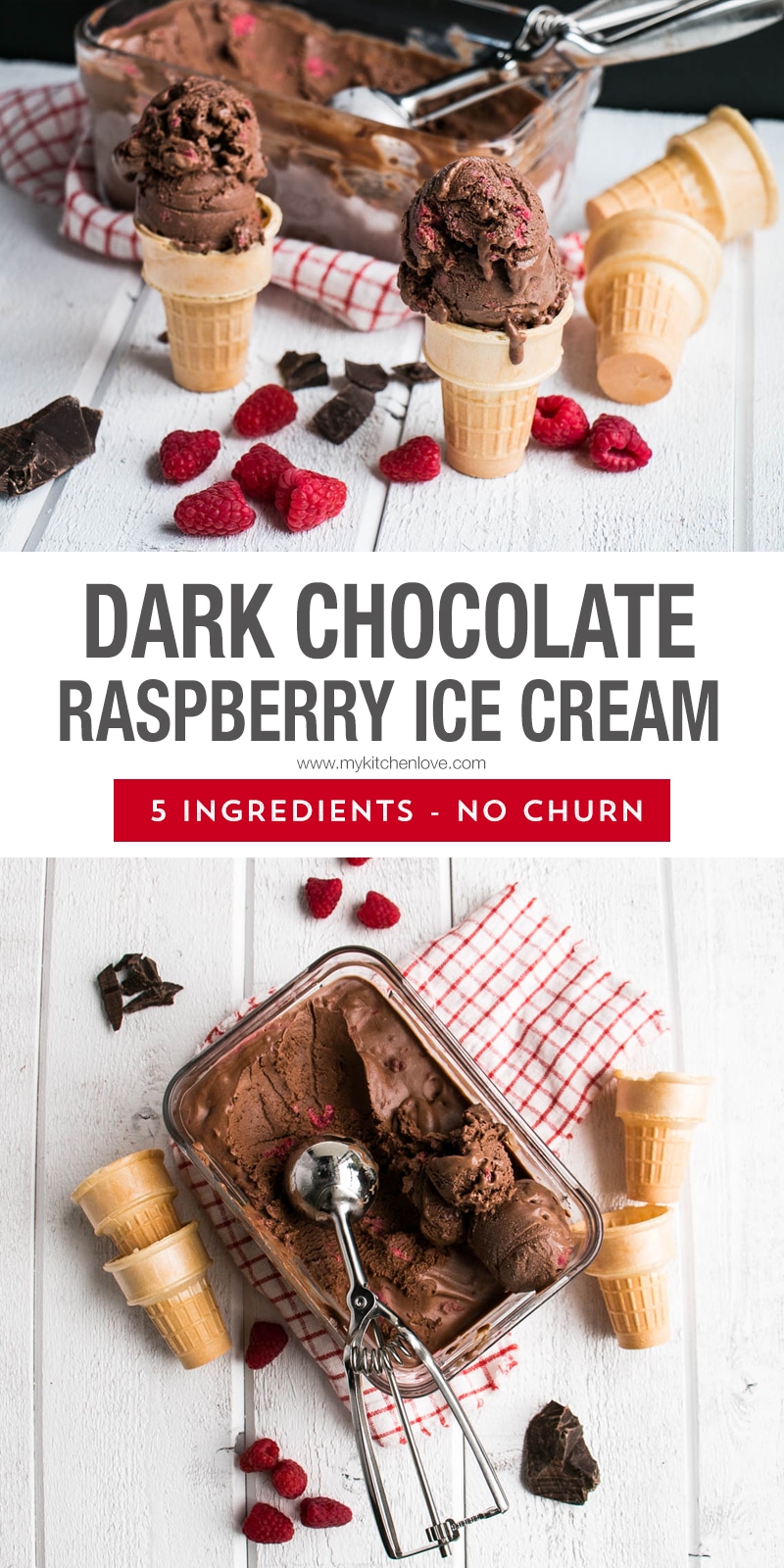 Dark Chocolate Raspberry No Churn Ice Cream is smooth, creamy and packed full of dark chocolate. 5 ingredients and no churn (no machine required!).  via @mykitchenlove