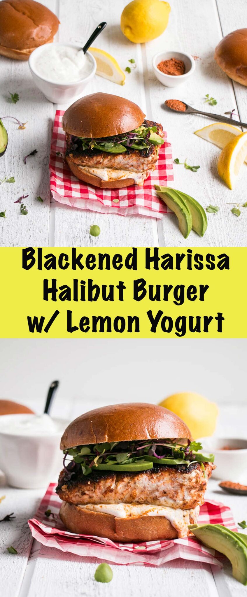 Blackened Harissa Halibut Burger is a dream of a fish burger. Perfectly spiced with a harissa blackened halibut burger, with a cooling lemon yogurt, all on a delicious brioche bun.