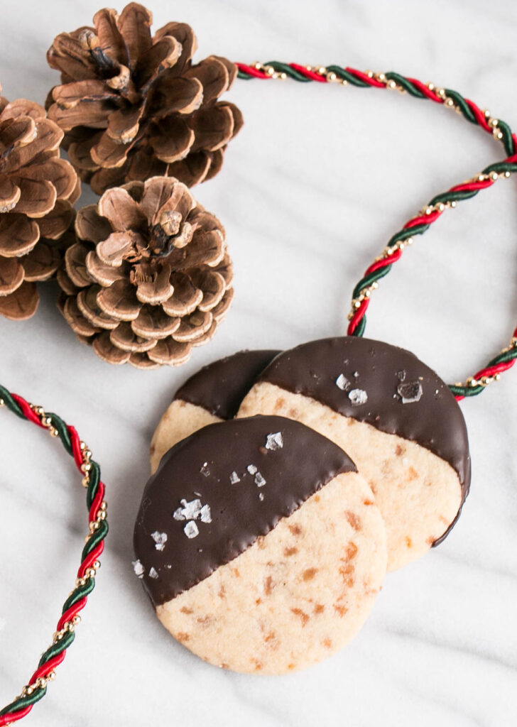 Salted Chocolate Dipped Toffee Shortbread Cookies | My Kitchen Love