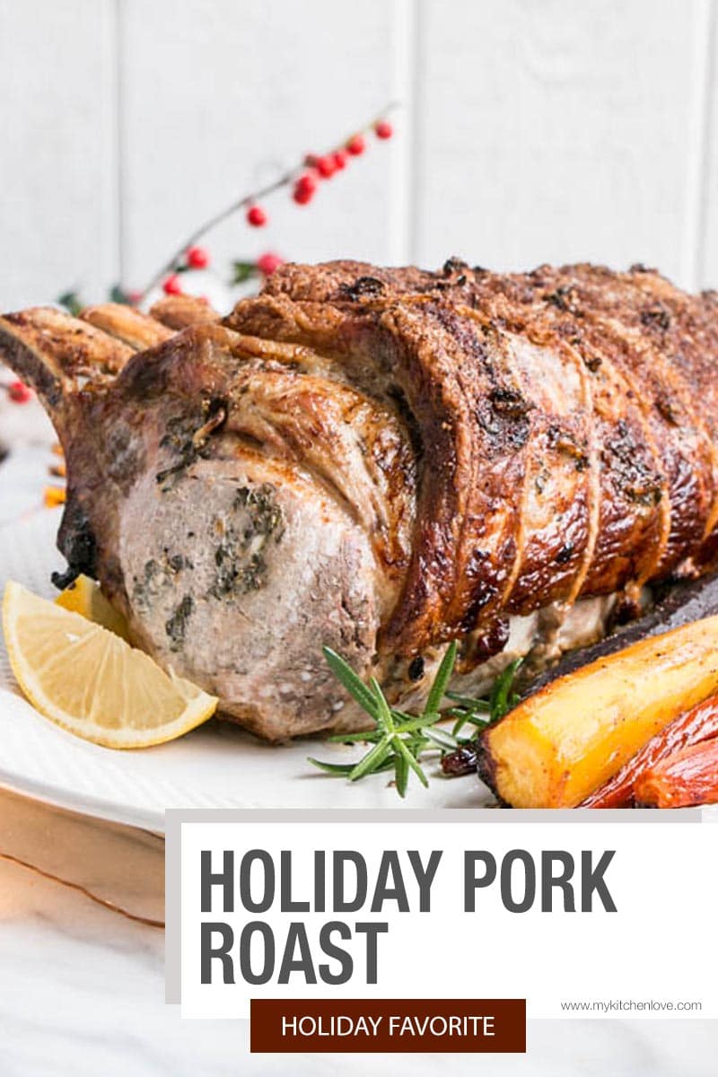 Juicy with a crispy skin, bone in pork roast recipe makes for the ultimate easy Holiday Roast! Packed with rosemary and garlic flavour. via @mykitchenlove