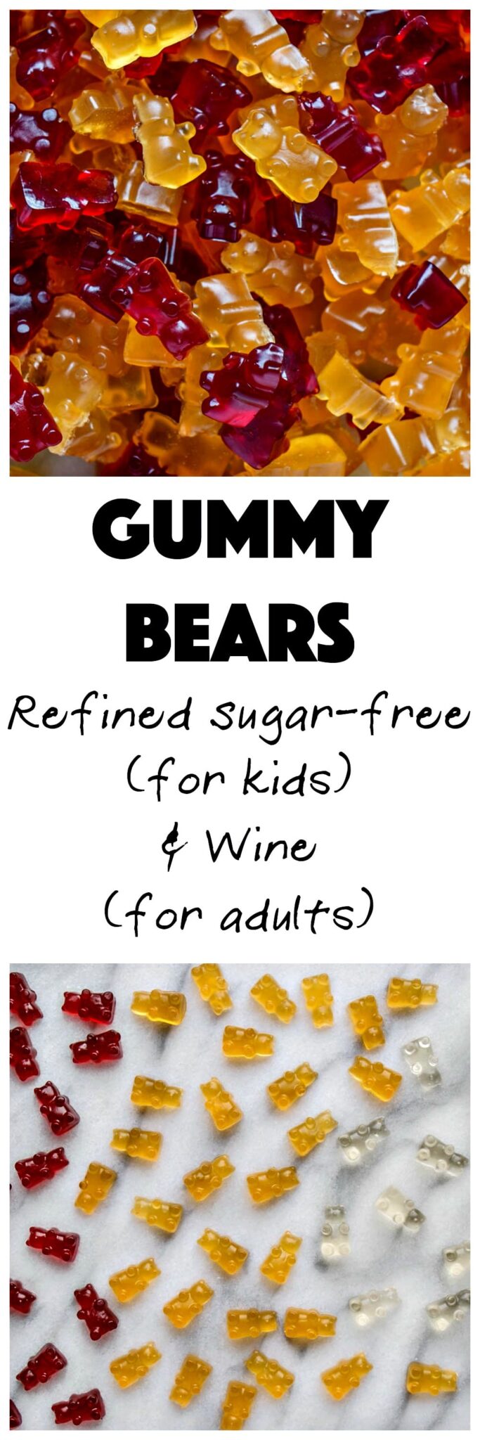 Healthier, refined sugar-free Gummy Bears!! Plus, a wine version for mom! This easy and healthier Gummy Bears recipe is a perfect treat for kids. via @mykitchenlove