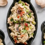 Mushroom and Asparagus Risotto in cast iron serving dishes