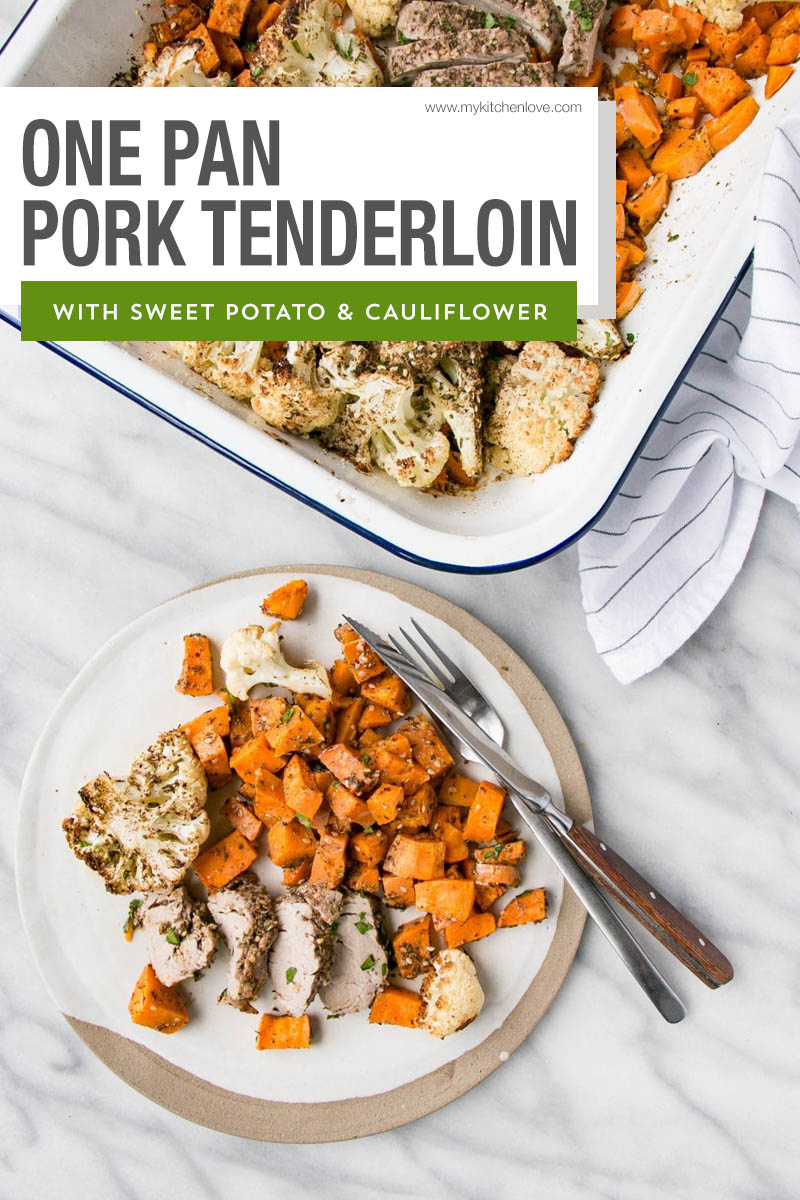 One Pan Za'atar Pork Tenderloin, Sweet Potato, and Cauliflower is packed with lean protein and vegetables, a great pork tenderloin recipe. via @mykitchenlove