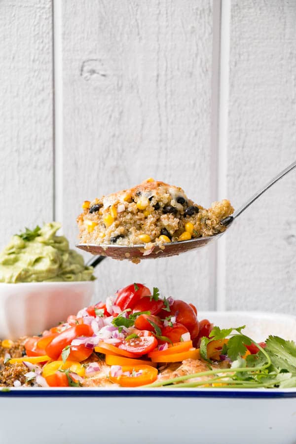 Enchilada Quinoa Casserole | My Kitchen Love. #Onepot #cheesy and #healthy supper. Throw in the oven for a hands off #easymeal.