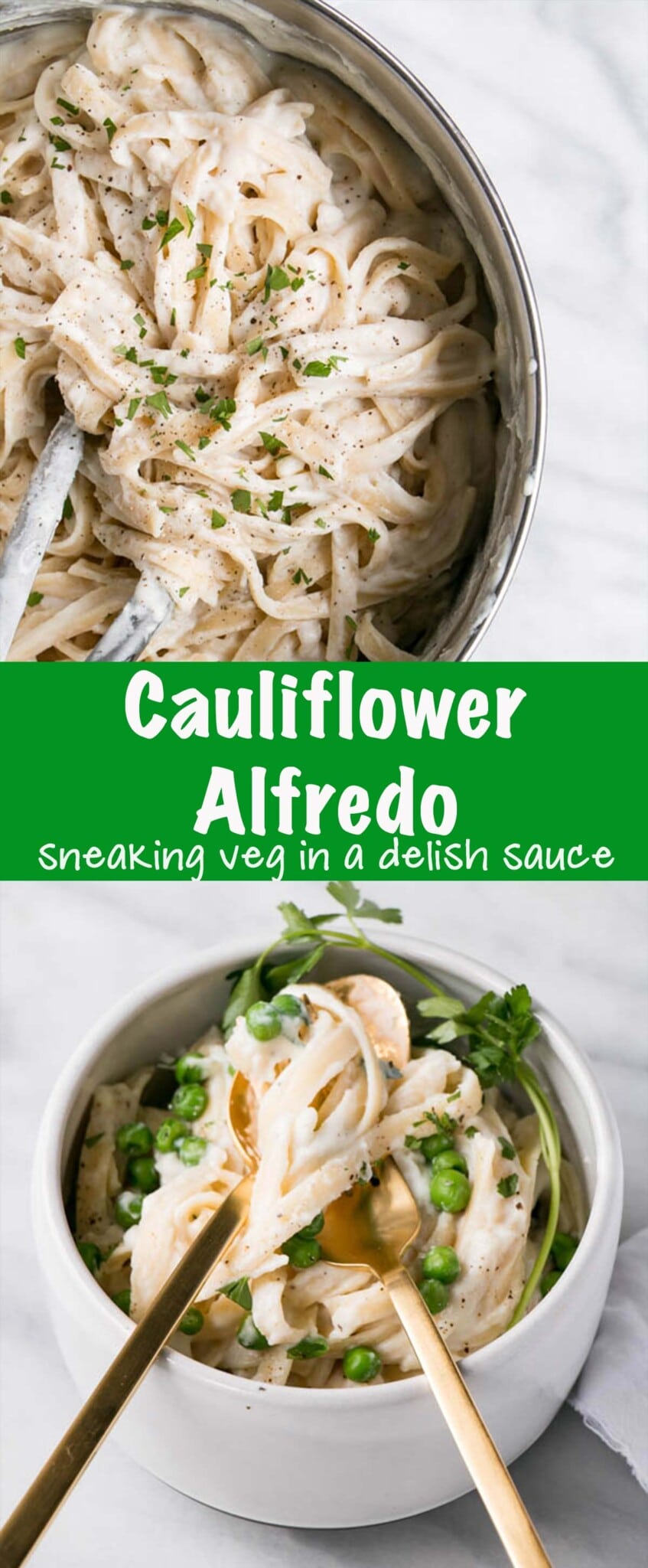 Cauliflower Alfredo with Peas is comfort food defined pasta packed with vegetables and that family-friendly Alfredo flavour.  via @mykitchenlove
