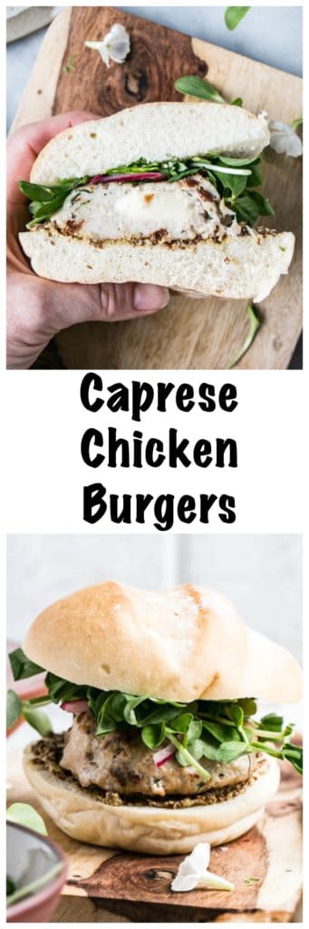 Caprese Chicken Burgers | My Kitchen Love. Obscenely delicious, juicy caprese burgers with a cheesy boccocini centre, lots of basil, and sundried tomatoes.