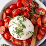 Cherry Tomato Salad with creamy Burrata and topped with thinly sliced fresh basil leaves.