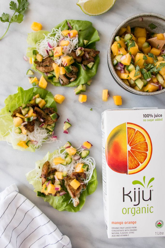 Mango Lemongrass Lettuce Cups are a delicious way to fit more wholesome foods into dinner that kids love! Sponsored by Kiju Organic Juices.
