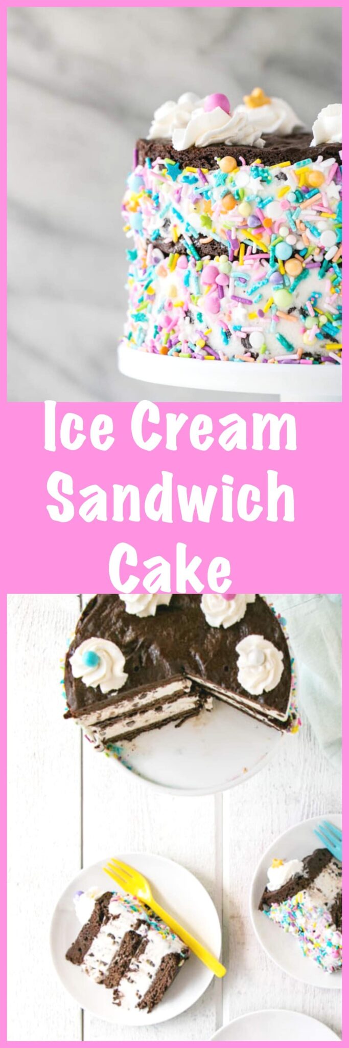 This Ice Cream Sandwich Cake has thin layers of brownie cookie with thick chocolate chip ice cream layers. Topped with whipped cream and extra sprinkles! via @mykitchenlove