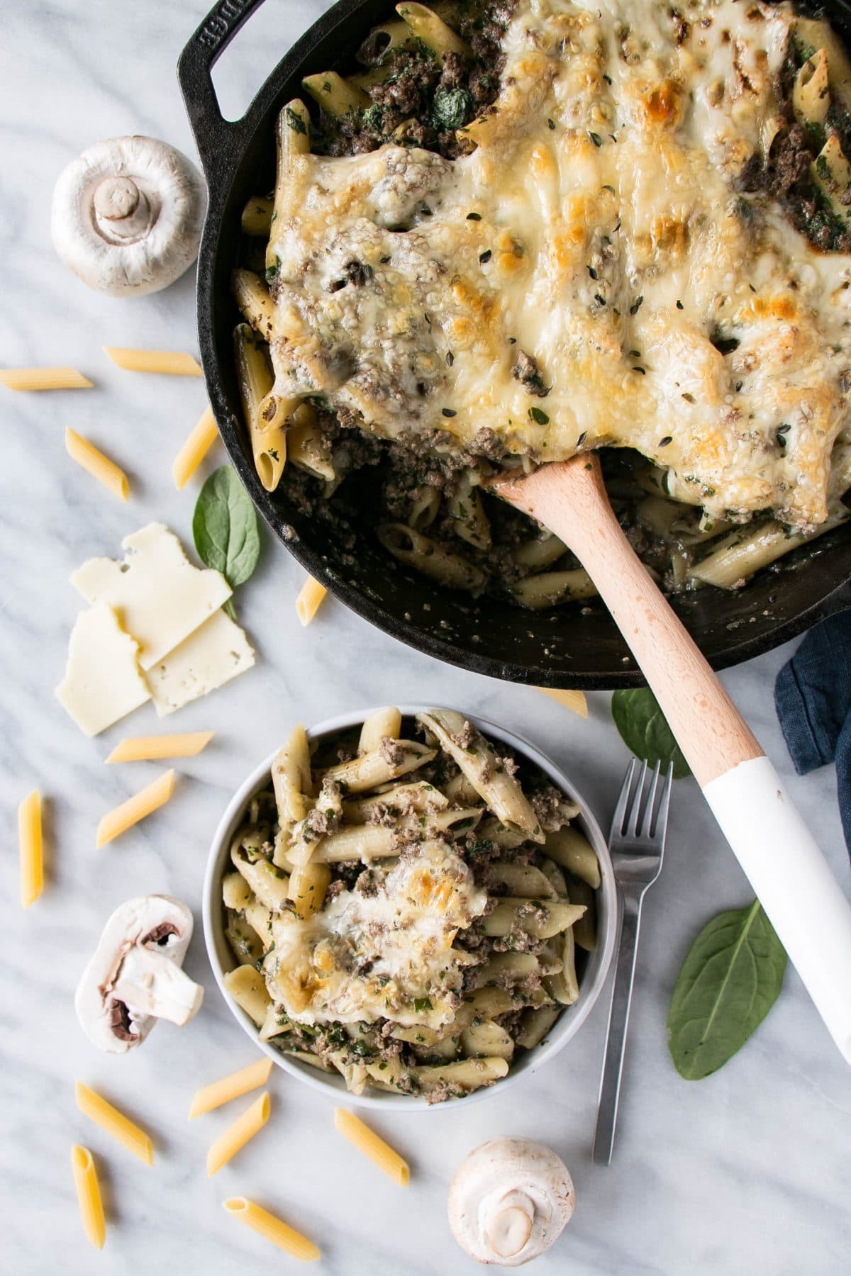 One Pot Bacon Mushroom Swiss Burger Pasta is a quick one pot meal that is packed with cheesy comfort food and vegetables like mushrooms and spinach - a true one pot dish!