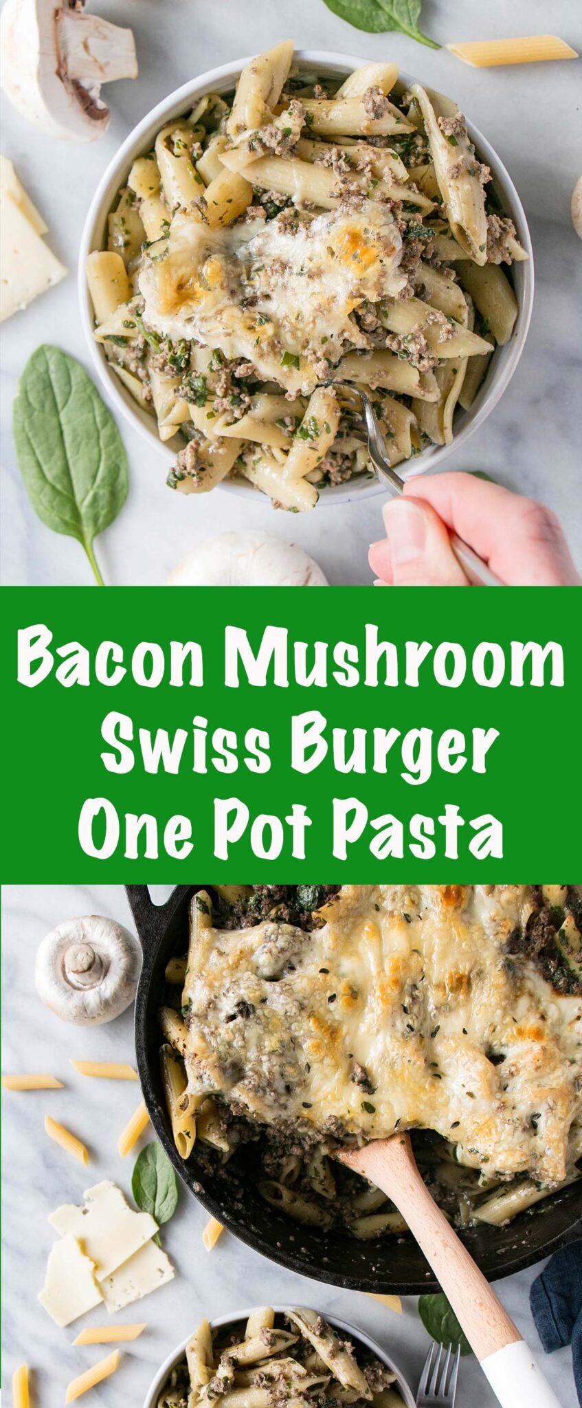 One Pot Bacon Mushroom Swiss Burger Pasta is a quick one pot meal that is packed with cheesy comfort food and vegetables like mushrooms and spinach - a true one pot dish!