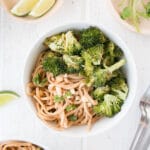 Garlicky Peanut Soba Noodles with Roasted Broccoli is our new favourite vegetarian way to enjoy dinner! Super nutritious from the soba noodles and broccoli, but incredibly kid-friendly thanks to a garlicky peanut sauce.