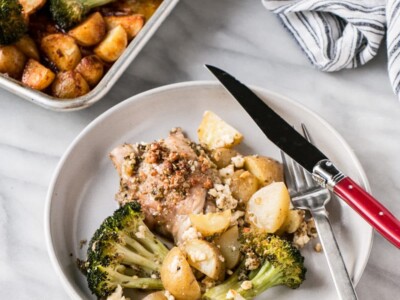 Sheet Pan Chicken, Potatoes and Broccoli 3 Ways with Oregano Feta, Lemon Garlic, and Sweet Paprika. Easy and low maintenance dinner to have on the table in 30 minutes or less. #dinner #onepan #chicken