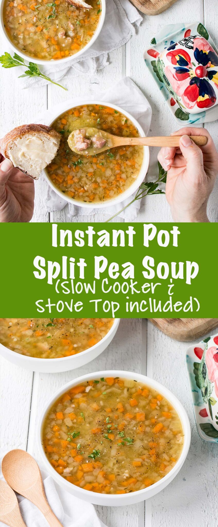 Instant Pot Split Pea Soup is made in under 35 minutes and is filled with vegetables and healthy split peas. #instantpot #soup