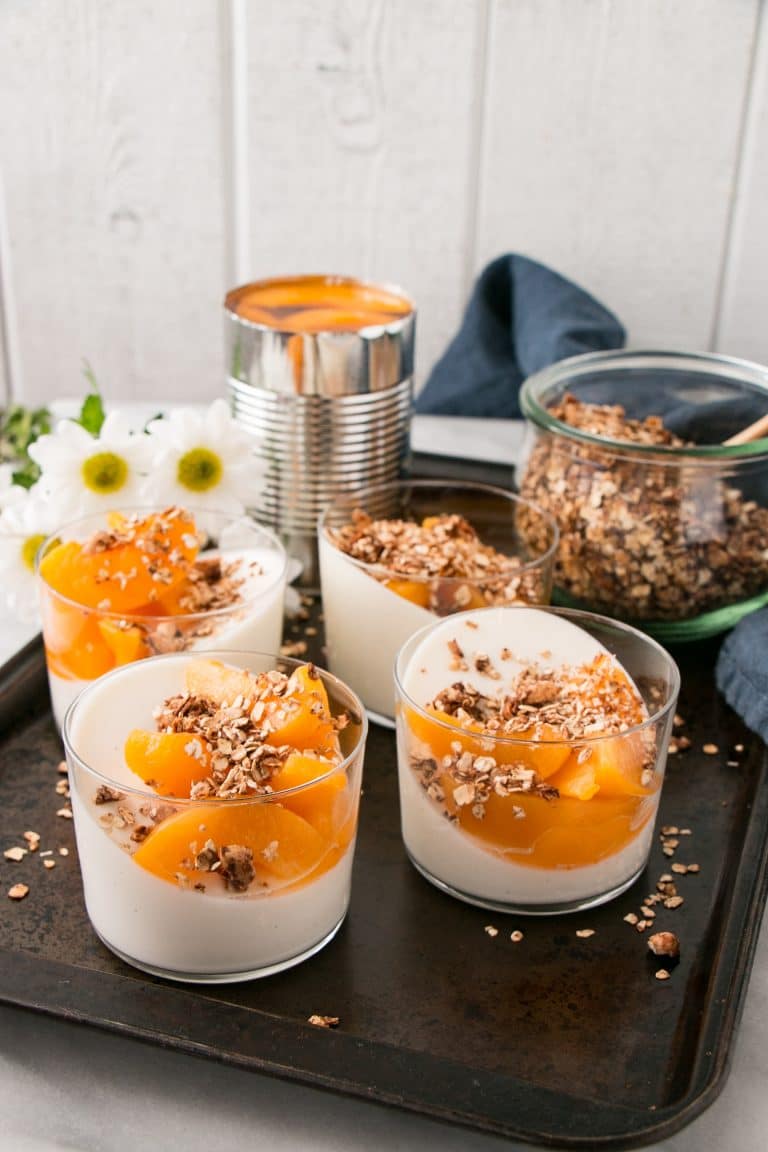 Yogurt Panna Cotta Recipe with Peaches and Cinnamon Granola My