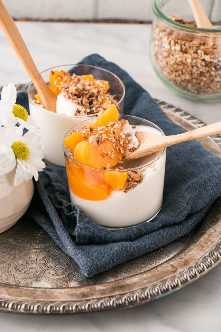 Yogurt Panna Cotta Recipe with Peaches and Cinnamon Granola My