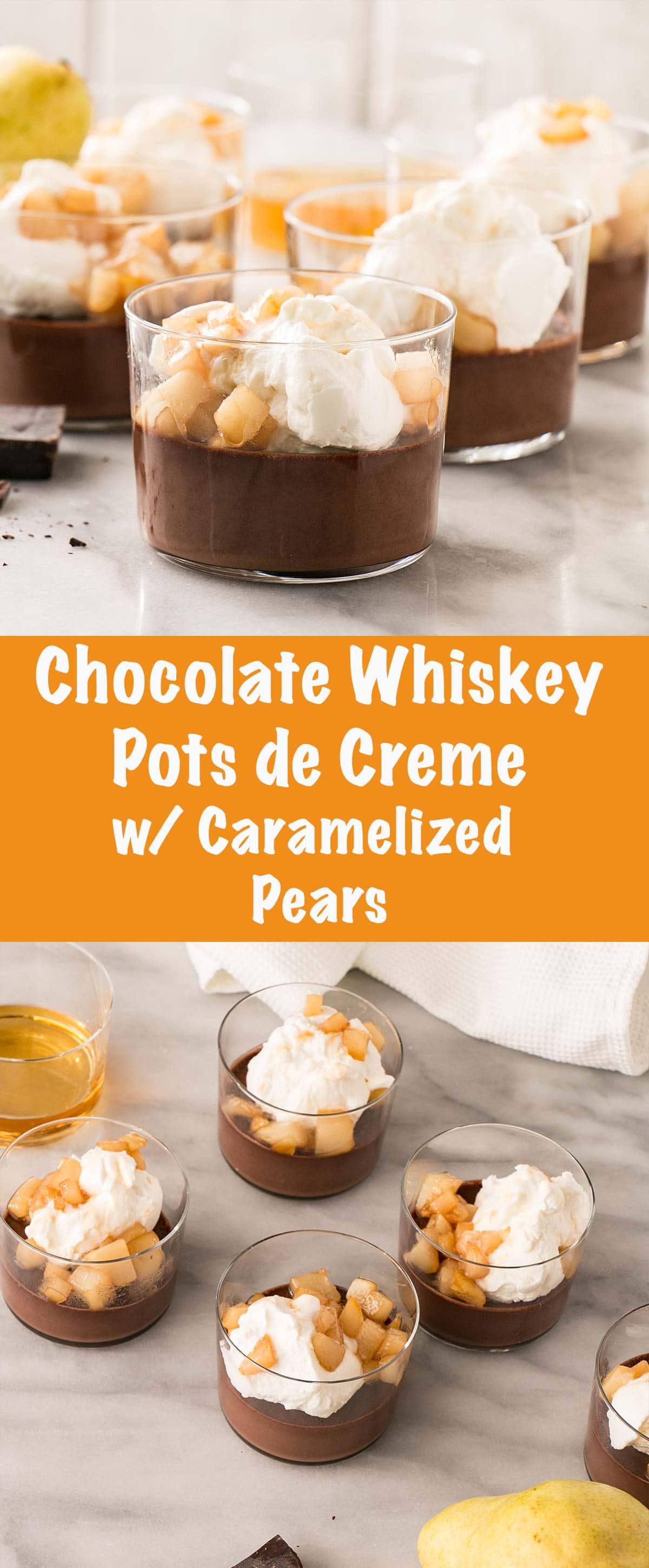 Silky Chocolate Pot de Crème with Caramelized Whiskey Pears is a decadent and easy to prepare dessert. Perfect for St Patty's Day! via @mykitchenlove