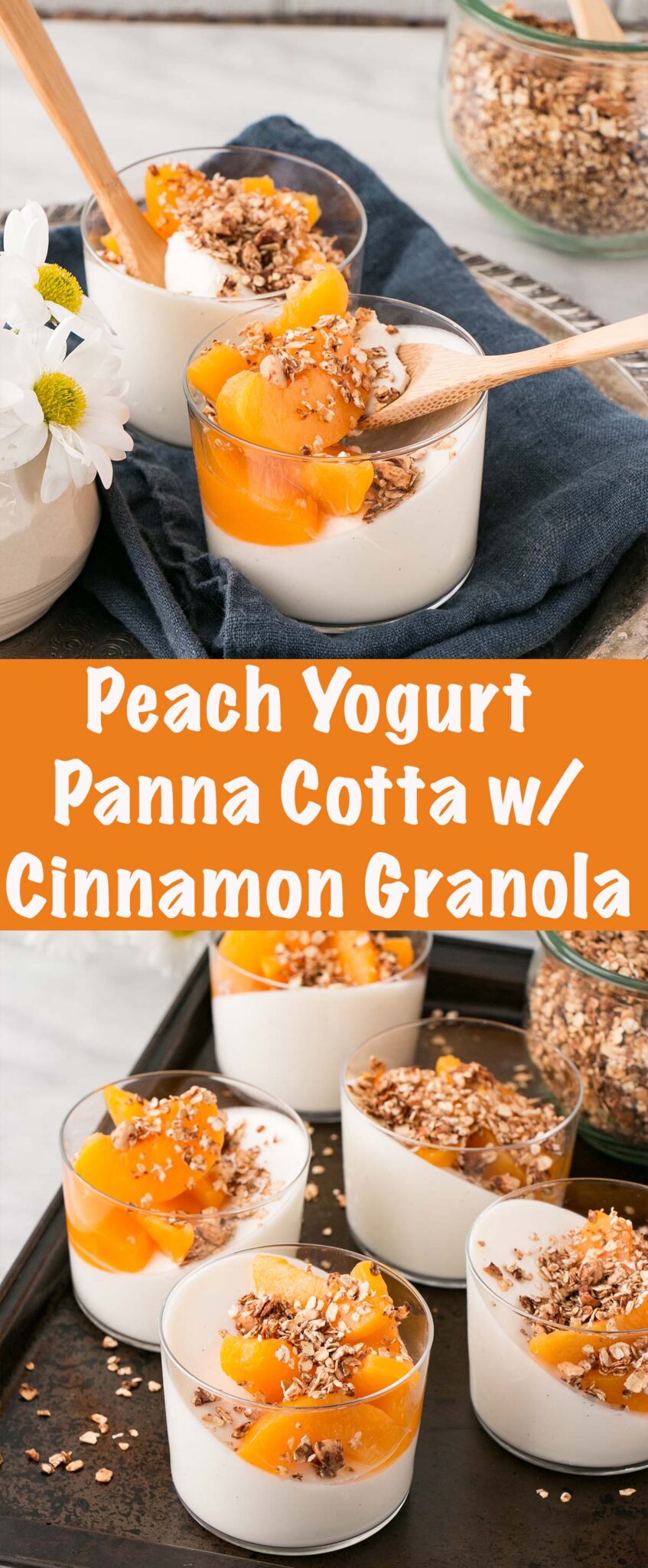 Peach Yogurt Panna Cotta with Cinnamon Granola is a dreamy make ahead breakfast that is perfect for entertaining, Mother's Day, Valentine's Day or anytime you need a special treat for breakfast! #ad #breakfast #mothersday #valentinesday #pannacotta