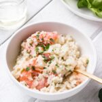 Make Date Night, special, delicious and relaxed with this Oven Baked Garlic Butter Prawn Risotto. #valentinesday #risotto #datenight #rice #seafood