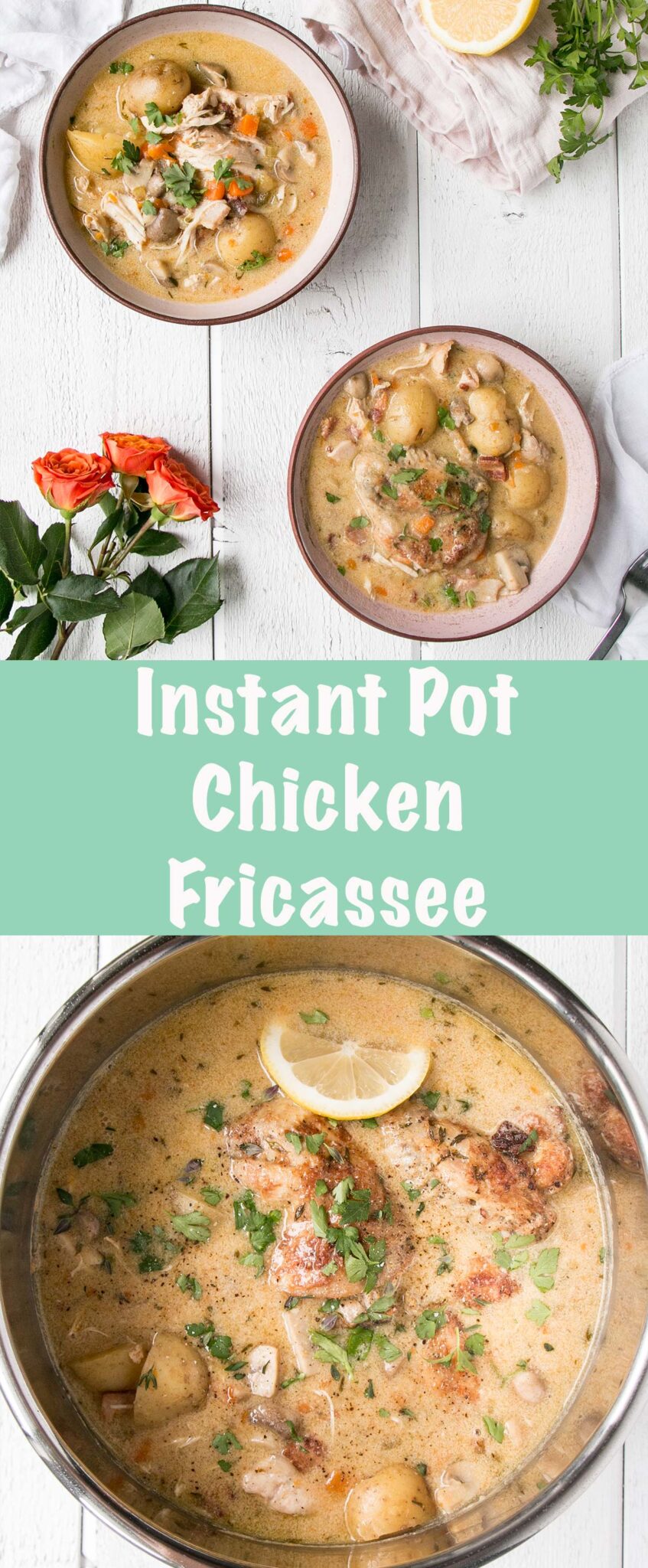 Instant Pot Chicken Fricassee is a classic French Chicken Stew made easy and quick thanks to the Instant Pot! Comfort food defined with a silky broth, tender chicken, and hearty vegetables.  via @mykitchenlove