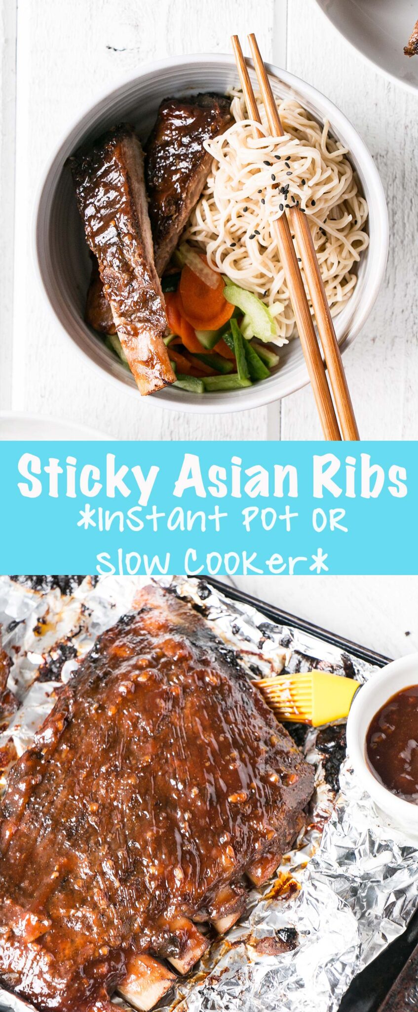 Sticky Asian Ribs made in the Slow Cooker or Instant Pot for 2 truly easy ways to having ribs for dinner! #ribs #slowcookerribs #instantpot #instantpotribs #slowcooker