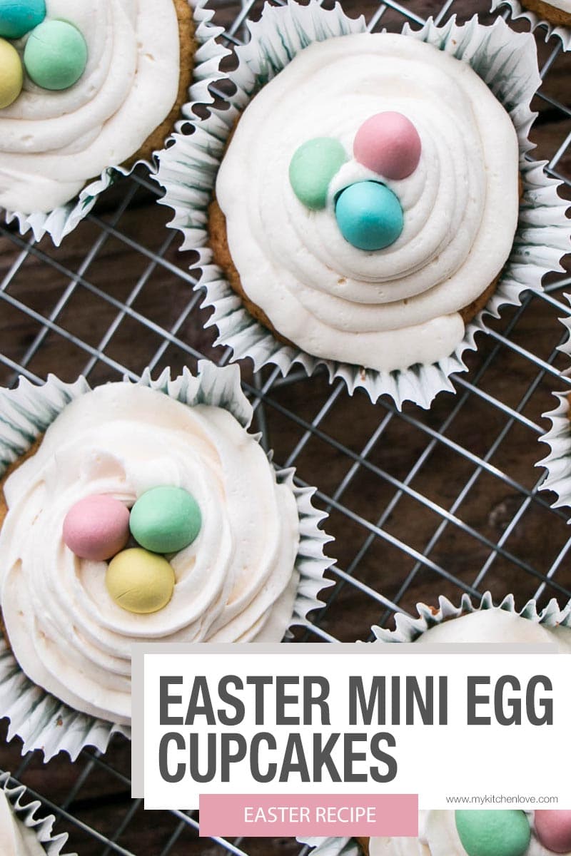 Easter Cupcakes with a moist and flavourful cupcake, vanilla frosting and Easter perfect Mini Eggs. Perfect for any bunny themed party or Easter events. via @mykitchenlove