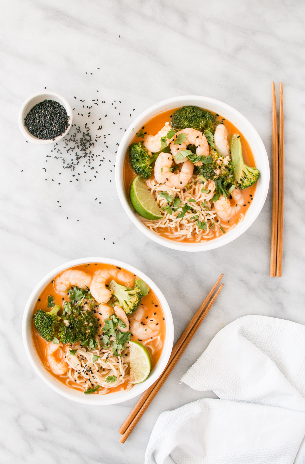 Prawn and Broccoli Red Curry in a white bowls