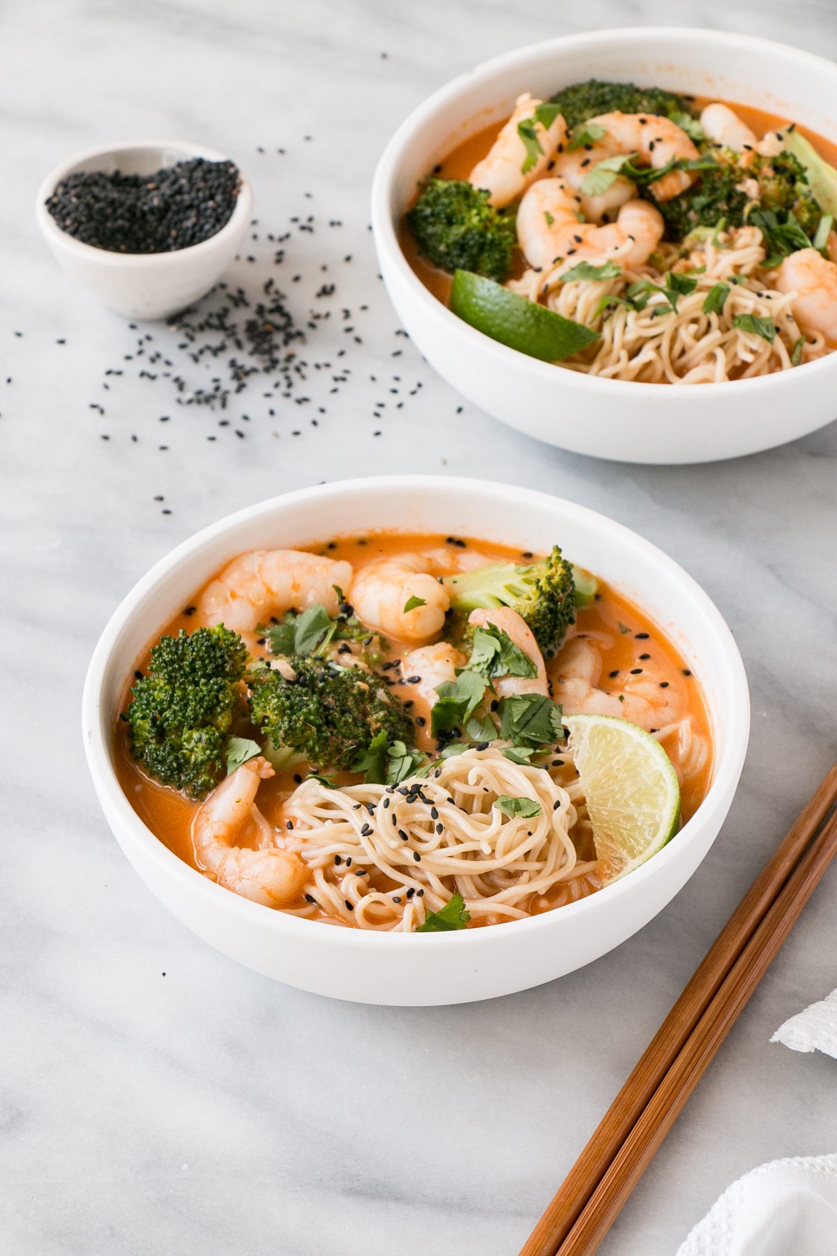Prawn and Broccoli Red Curry in a white bowls.