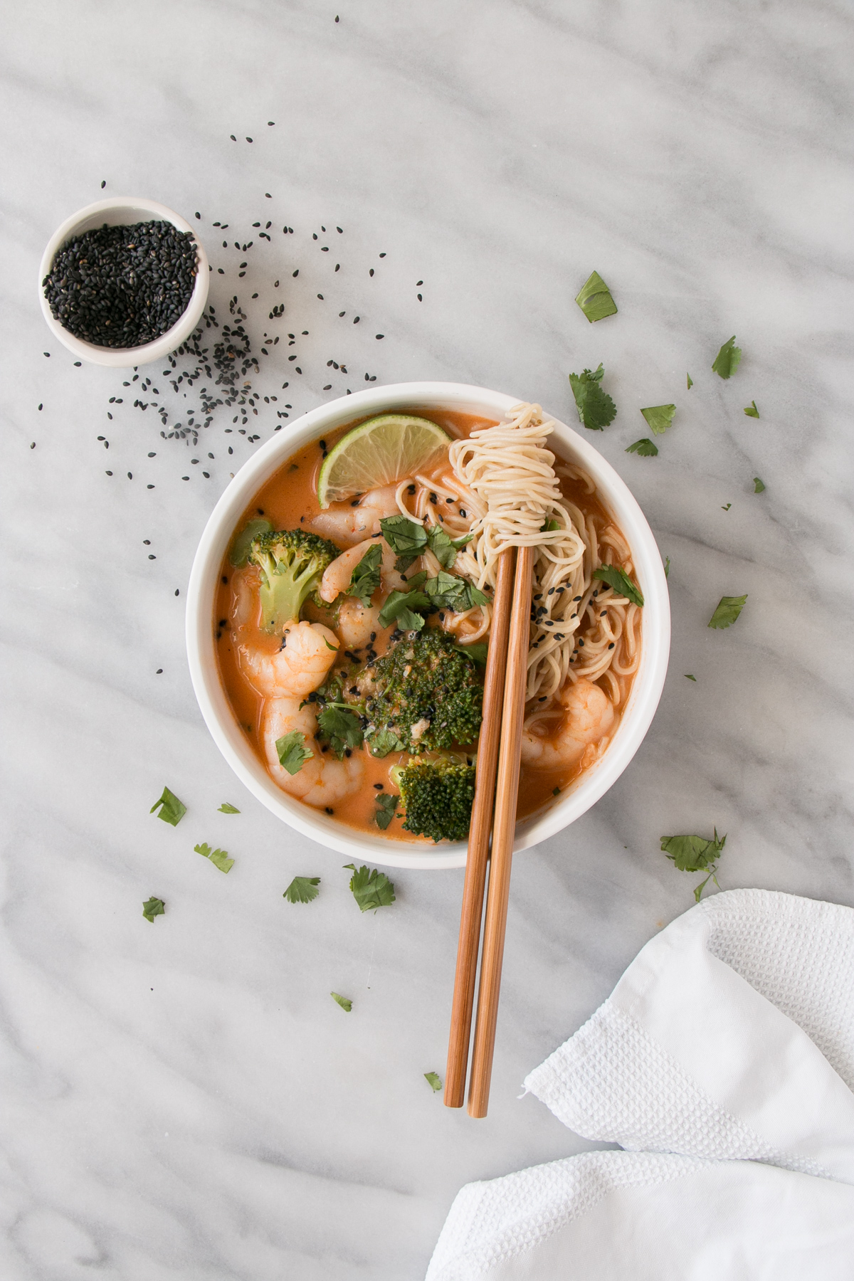 Prawn and Broccoli Red Curry in a white bowl