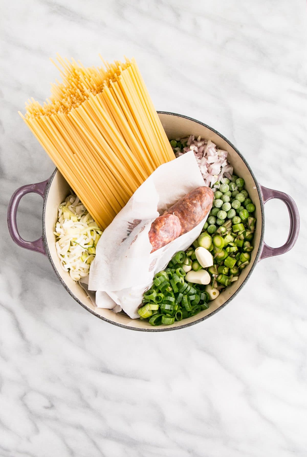 Ingredients of One Pot Spring Pasta in a pot