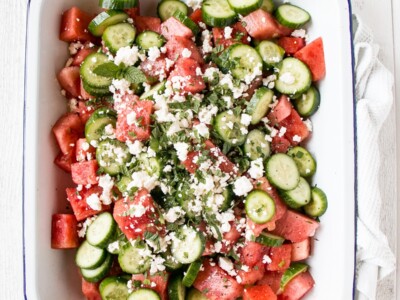 Watermelon Salad in a white serving tray