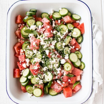 Watermelon Salad in a white serving tray