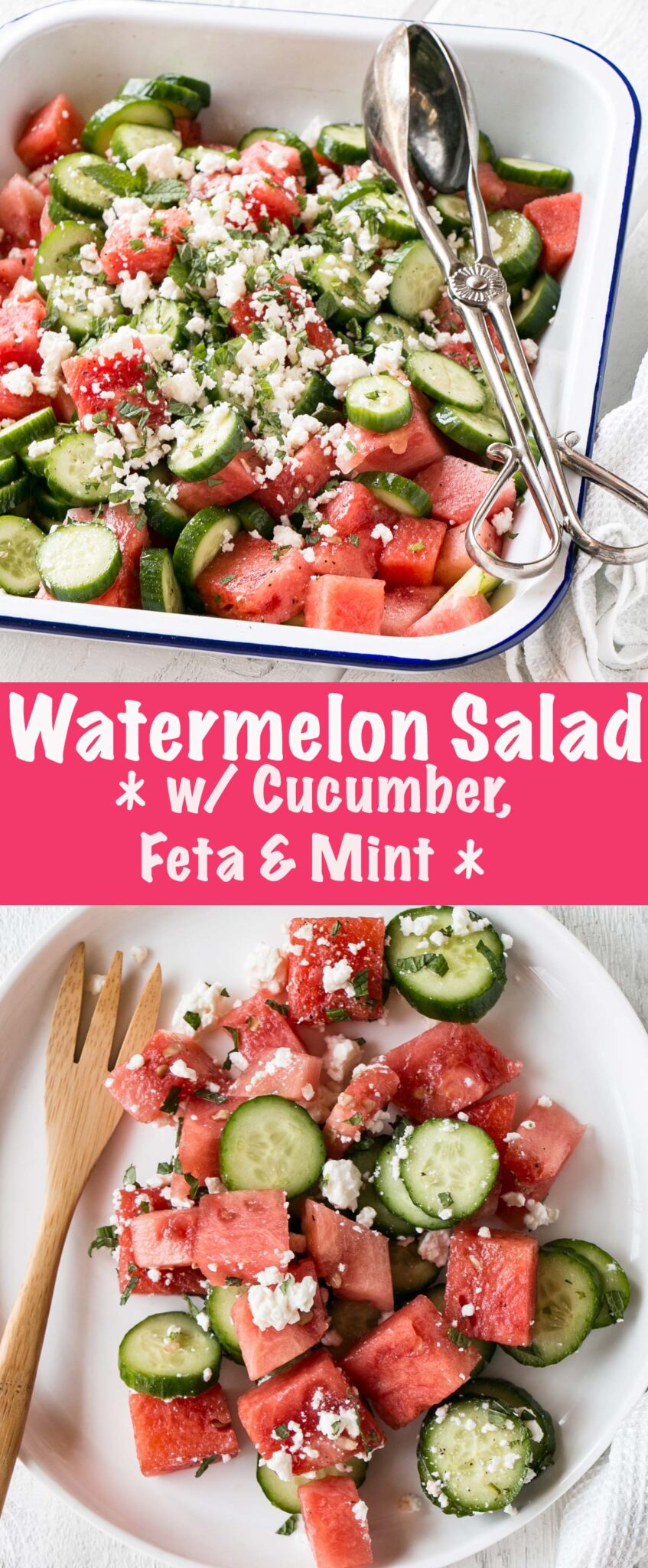 Refreshing, sweet, and crowd-pleasing Watermelon Salad with Cucumber, Feta and Mint. Enjoyed by kids and adults alike with 6 simple ingredients, this 10 minute salad is not to be missed!  via @mykitchenlove