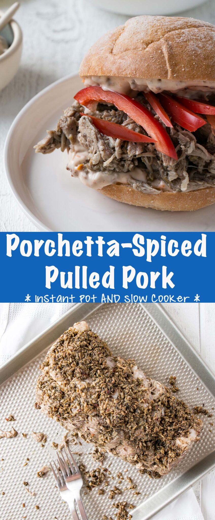 Porchetta-Spiced Pulled Pork in a sandwich and on a baking tray. 