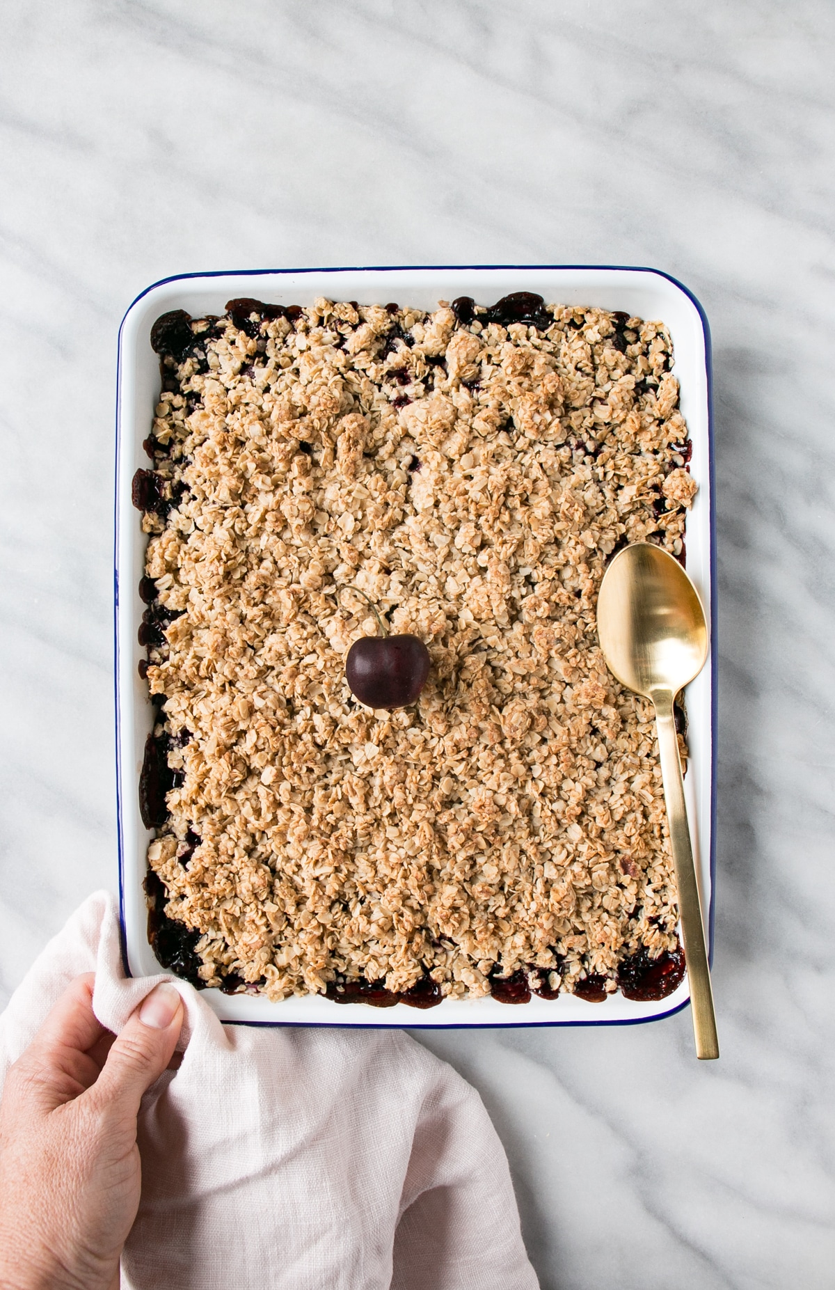 Cherry Crumble in a serving tray.