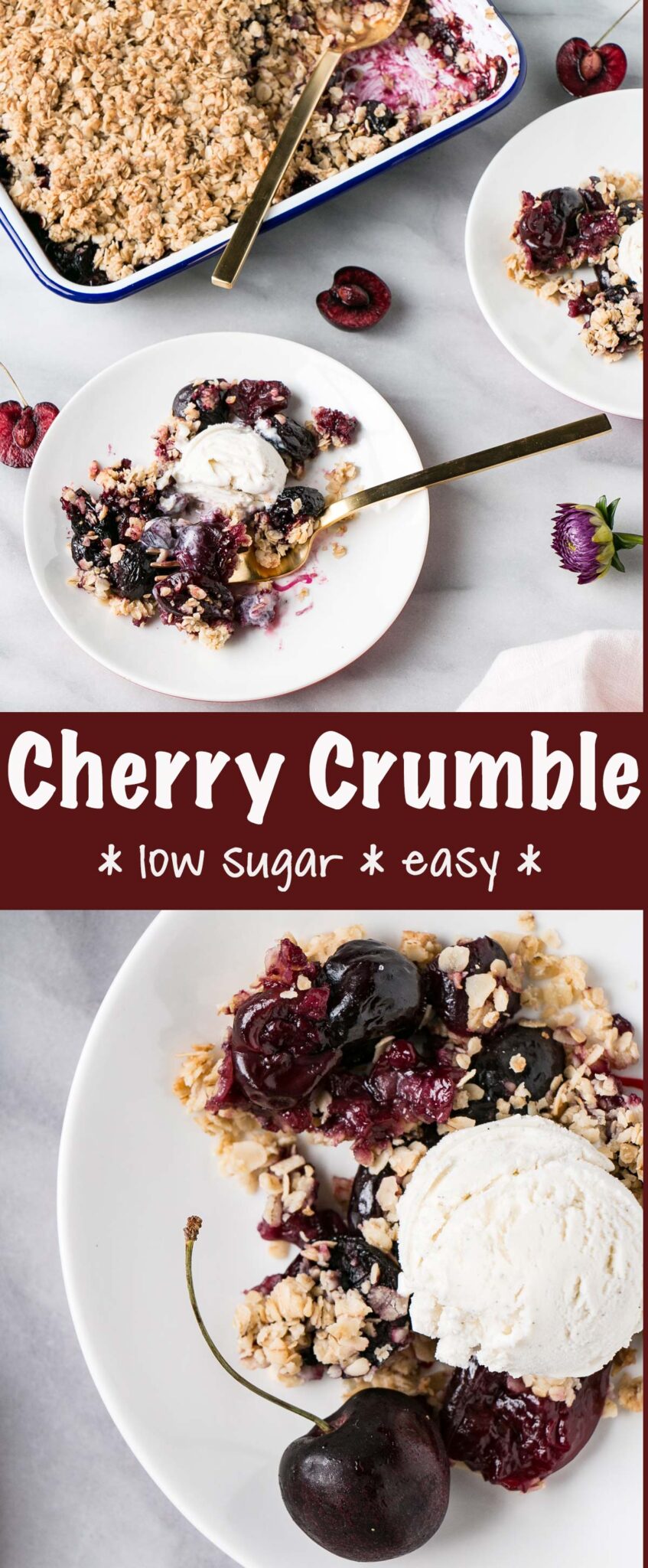 Get the most out of summer with this delicious Cherry Crumble recipe! Using less sugar thanks to standard cherry sweetness, this classic dessert could easily substitute as breakfast. via @mykitchenlove