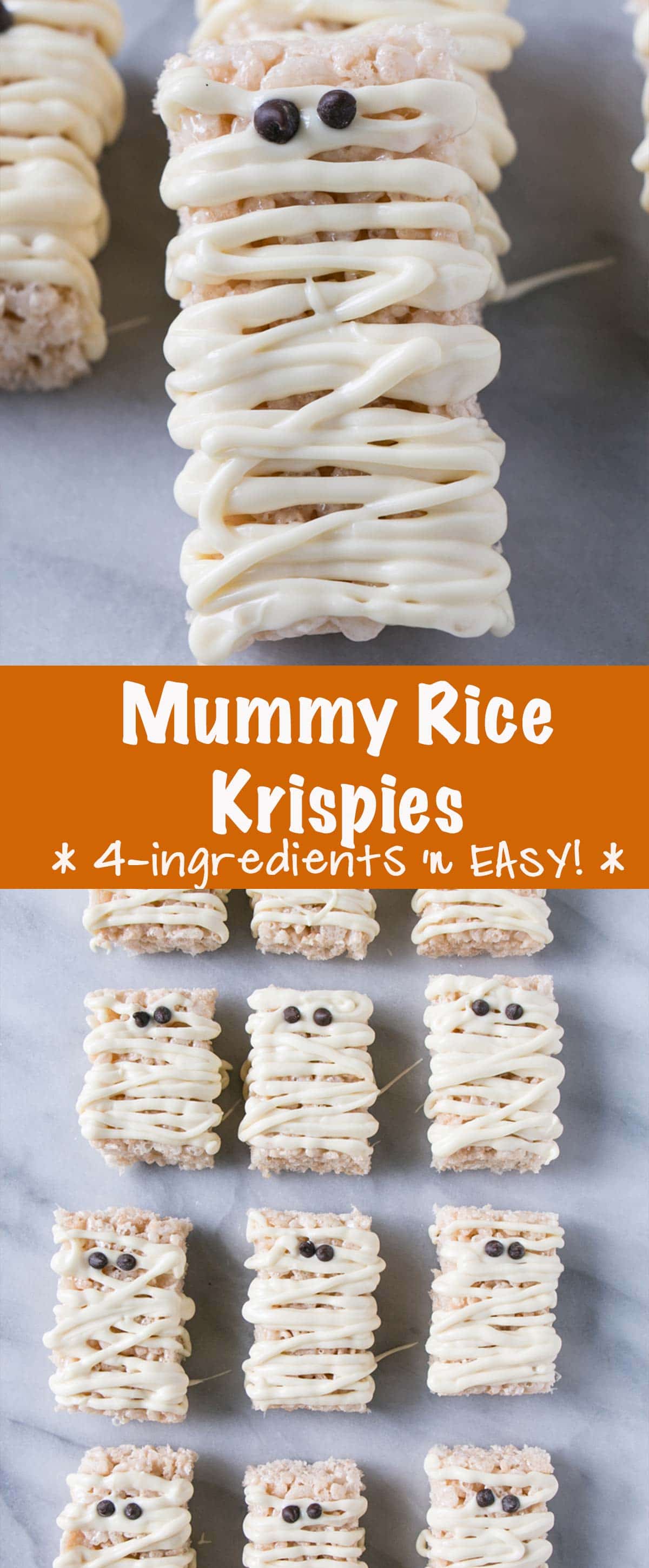 Mummy Rice Krispies Treats are an easy and quick Halloween recipe. Perfect for kids or school parties. via @mykitchenlove